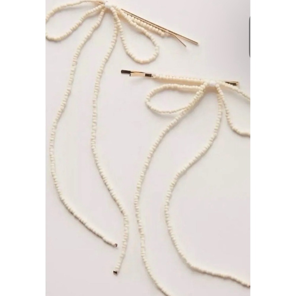Free People Beaded Bow Hair Pin Set Women OS White New Gold Bobby Pins